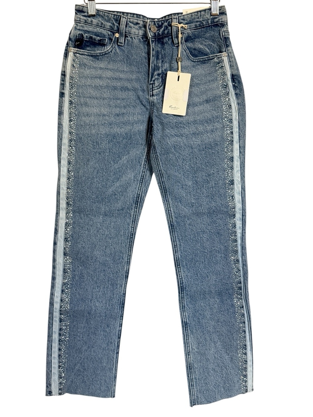 KanCan NWT Evelyn Mid Rise Slim Straight Leg Rhinestone Side Stripe Size 1/24